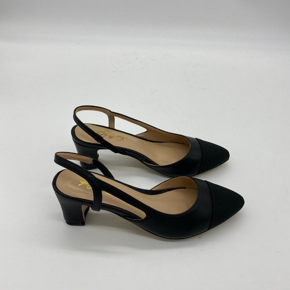 FOWT Black Slingback Pointy Toe Chunky Sandal Heel - Picture 3 of 8